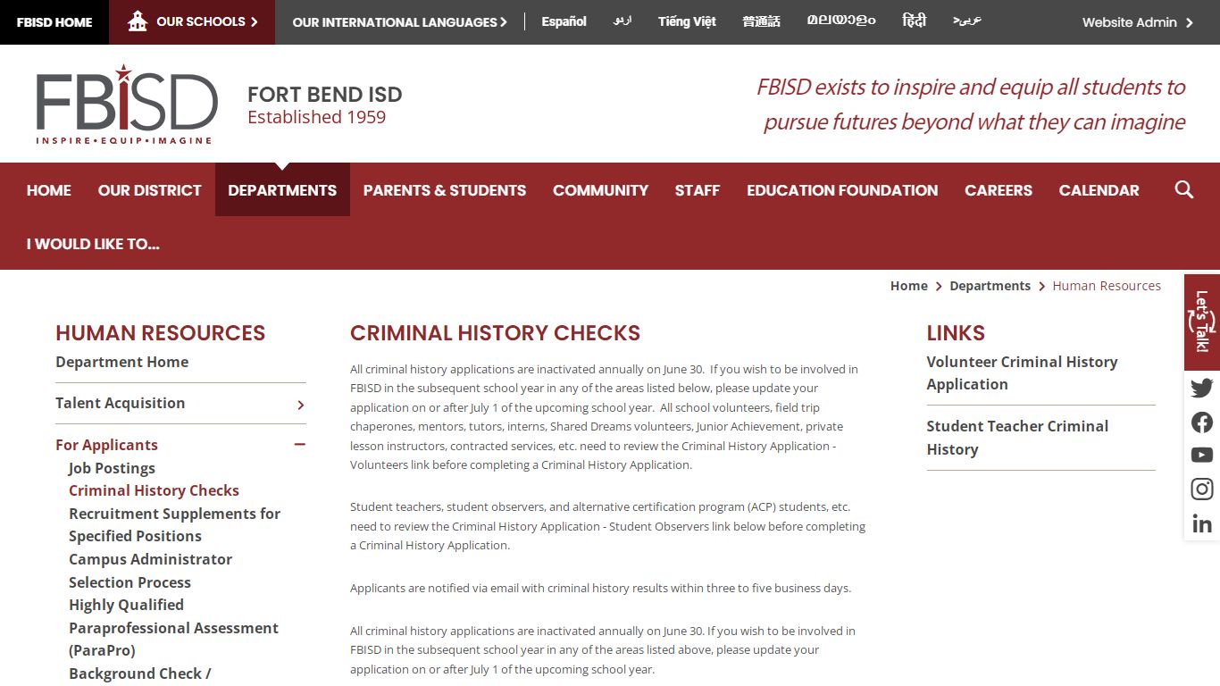 Human Resources / Criminal History Checks - Fort Bend ISD